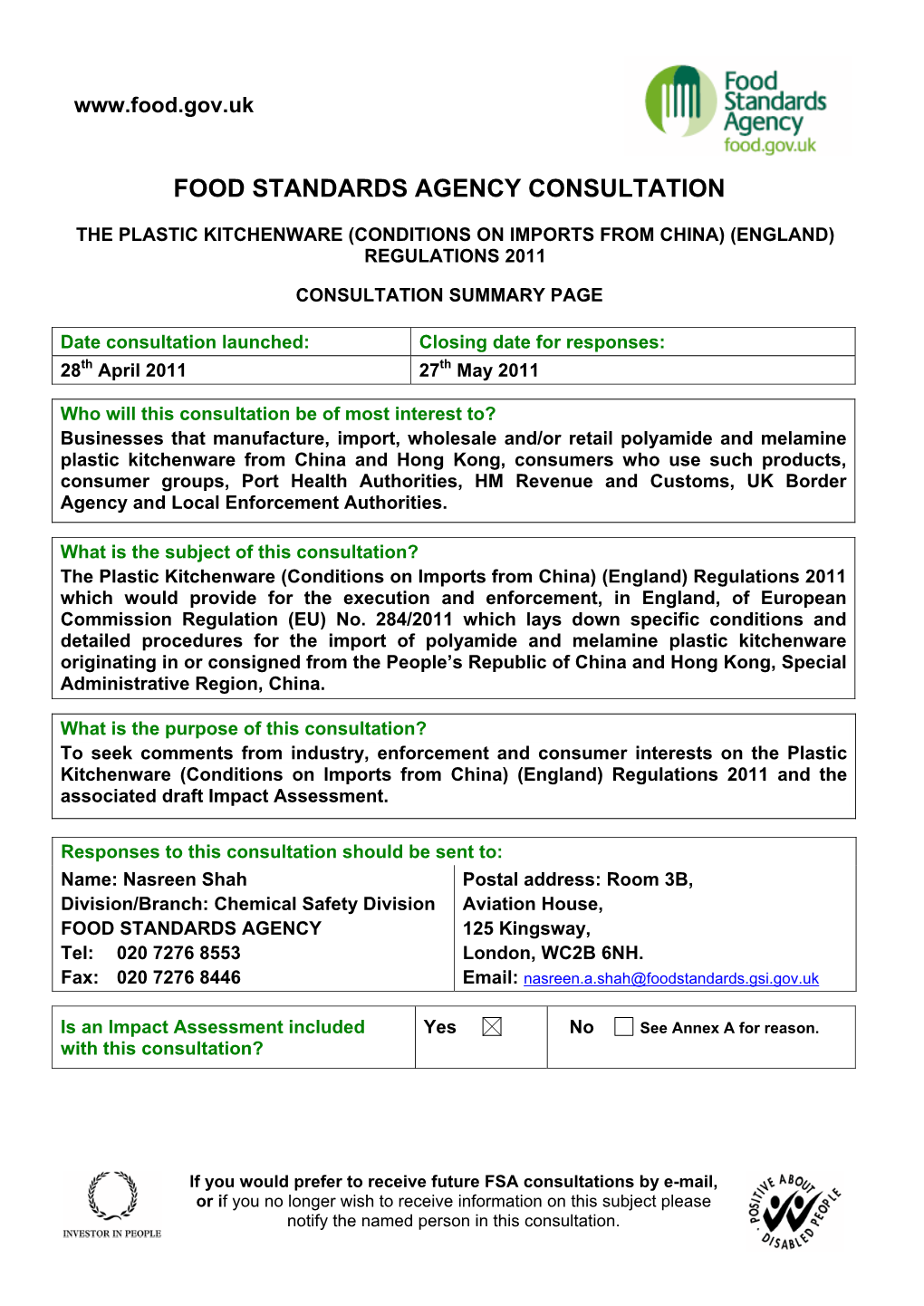 Plastic Kitchenware (Conditions on Imports from China) (England) Regulations 2011