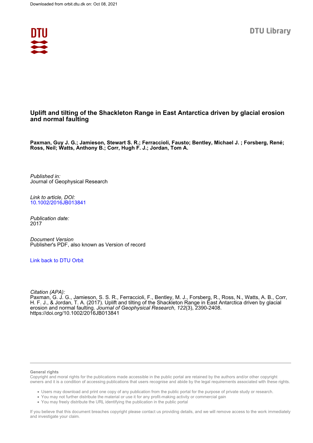 Uplift and Tilting of the Shackleton Range in East Antarctica Driven by Glacial Erosion and Normal Faulting