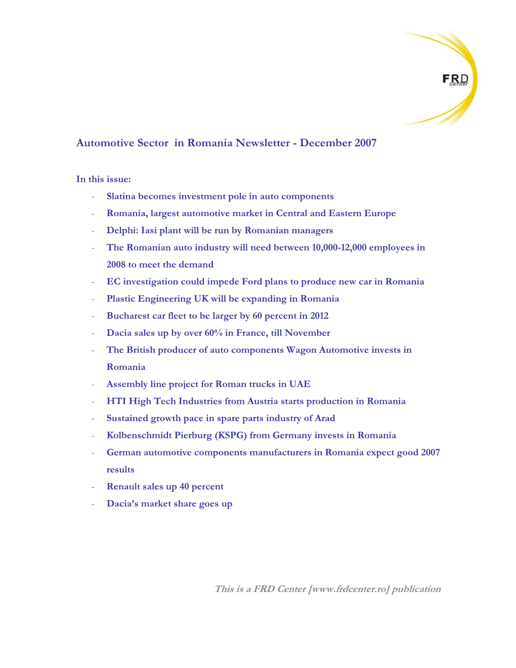 Automotive Sector in Romania Newsletter - December 2007