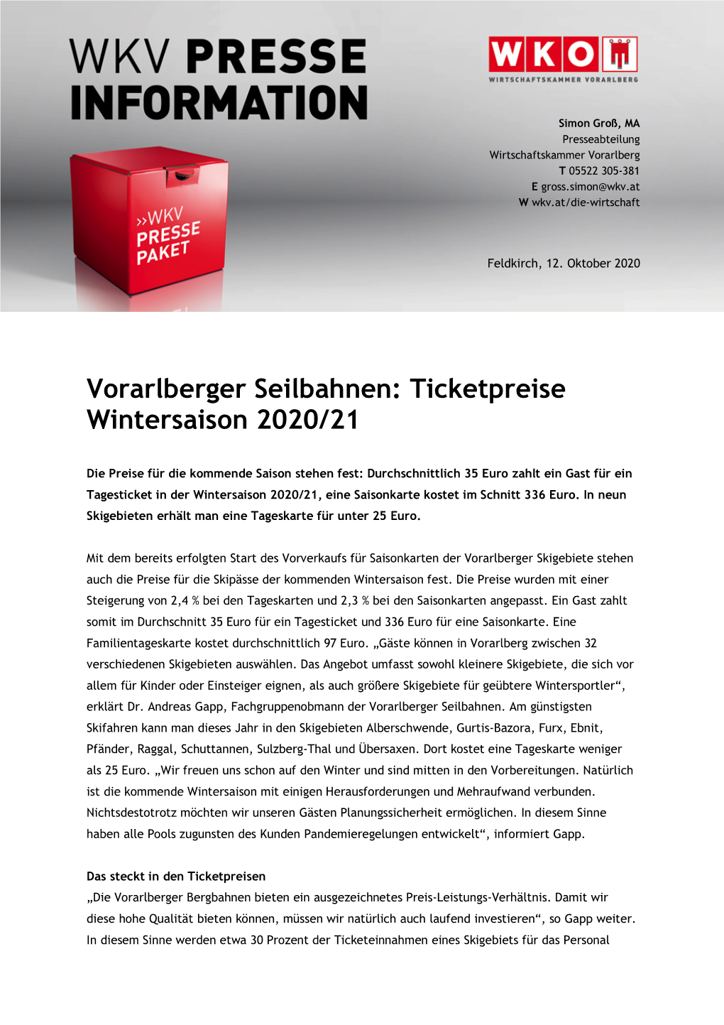 Vorarlberger Seilbahnen: Ticketpreise Wintersaison 2020/21