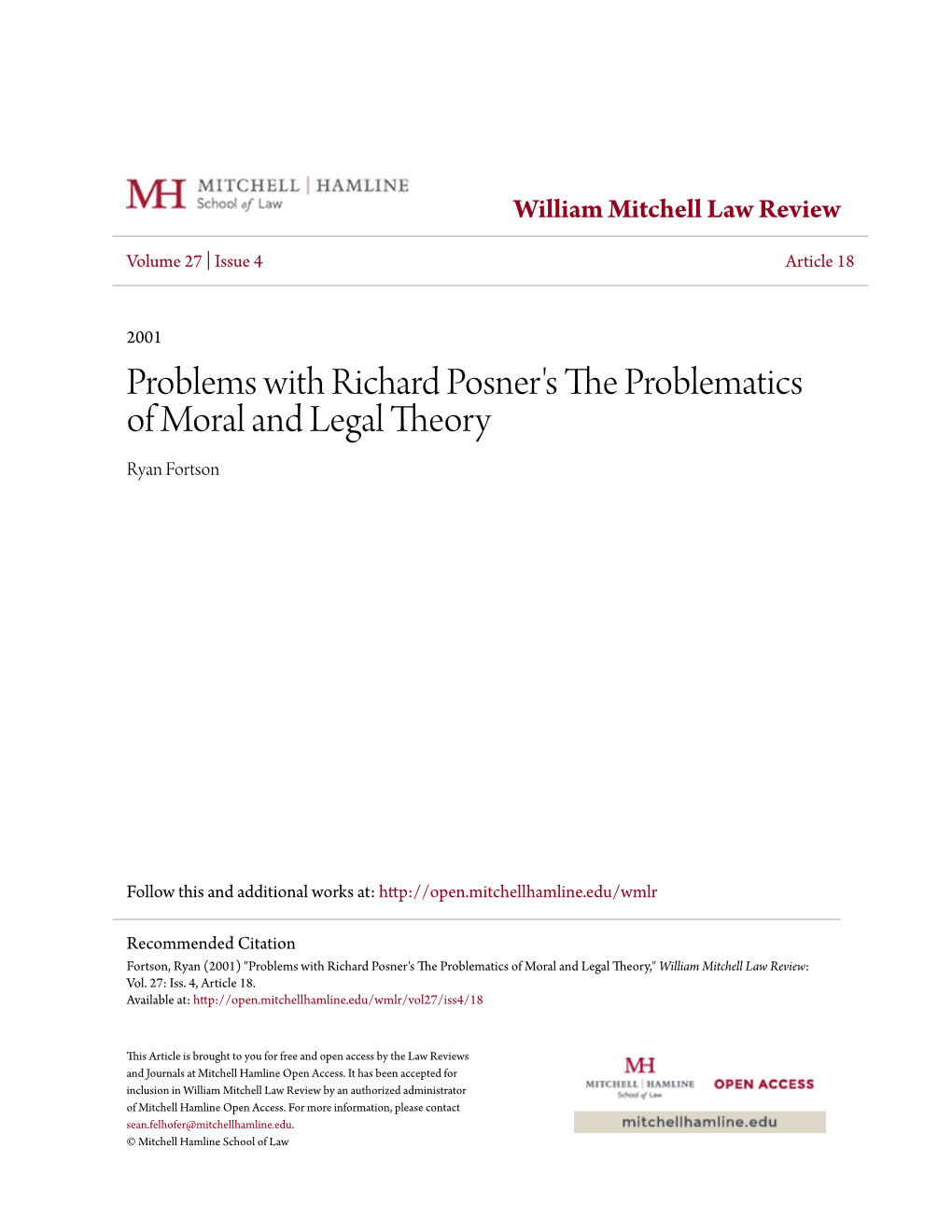 Problems with Richard Posner's the Problematics of Moral and Legal Theory