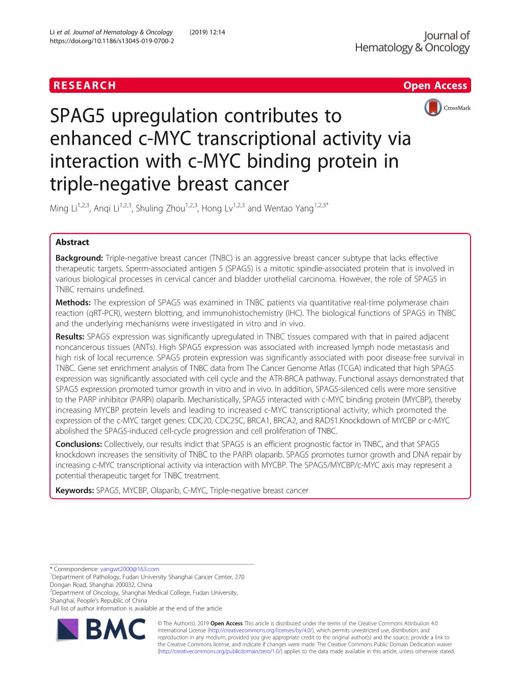 SPAG5 Upregulation Contributes to Enhanced C-MYC Transcriptional