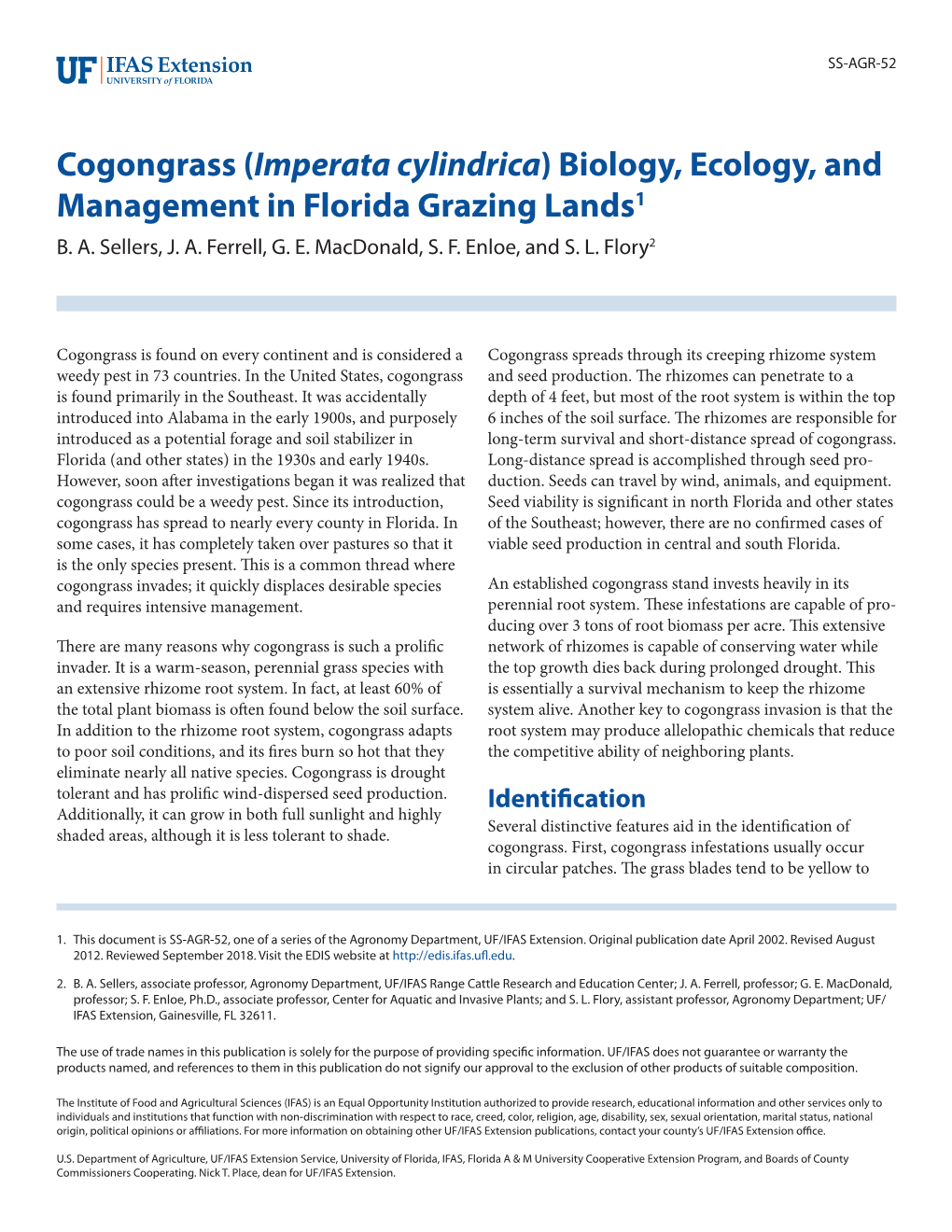 Imperata Cylindrica) Biology, Ecology, and Management in Florida Grazing Lands1 B