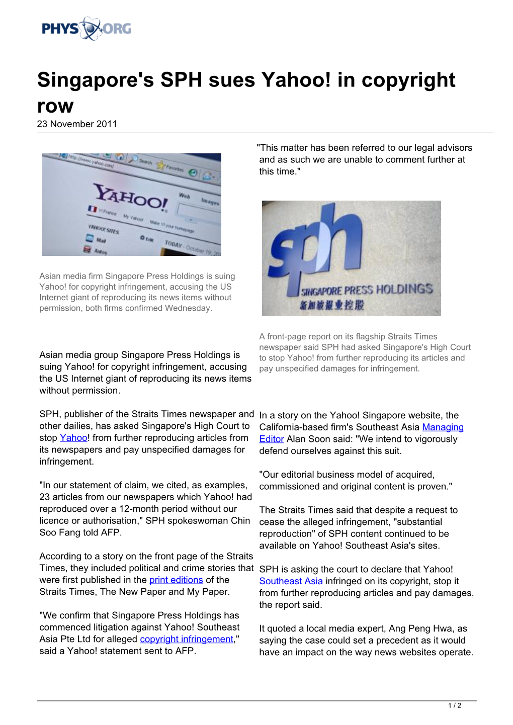 Singapore's SPH Sues Yahoo! in Copyright Row 23 November 2011