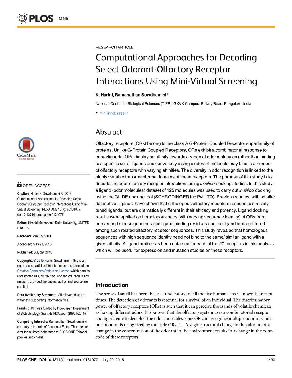 Computational Approaches for Decoding Select Odorant-Olfactory Receptor Interactions Using Mini-Virtual Screening