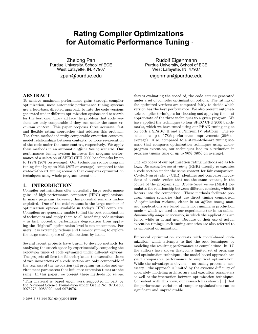 Rating Compiler Optimizations for Automatic Performance Tuning *