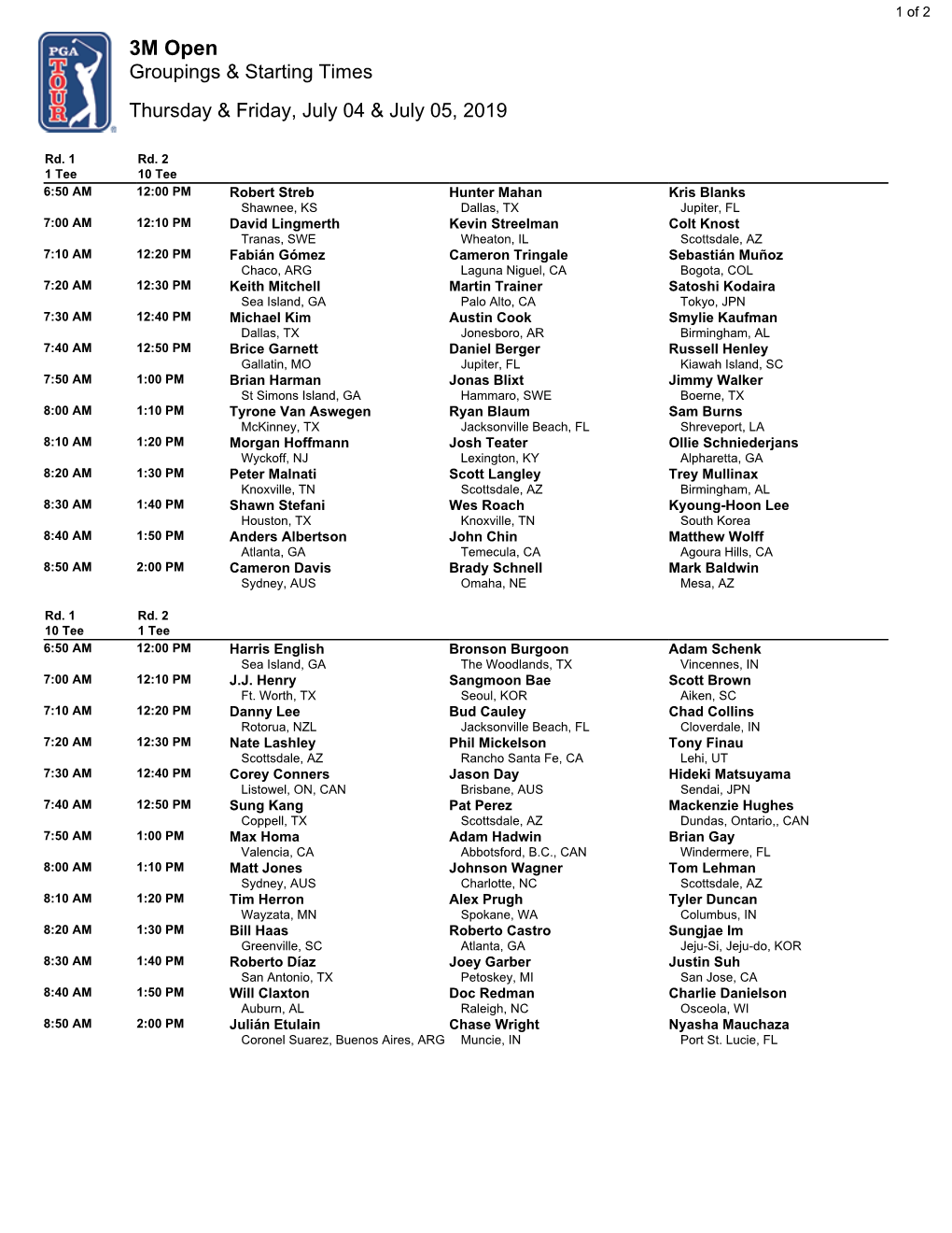 3M Open Groupings & Starting Times Thursday & Friday, July 04 & July 05, 2019