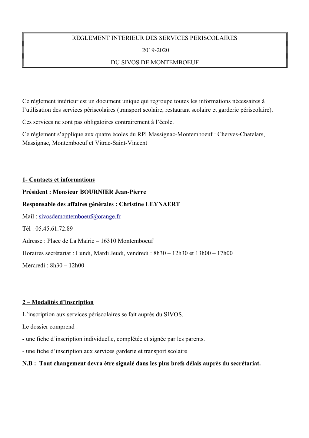 Reglement Interieur Des Services Periscolaires 2019-2020 Du Sivos De Montemboeuf