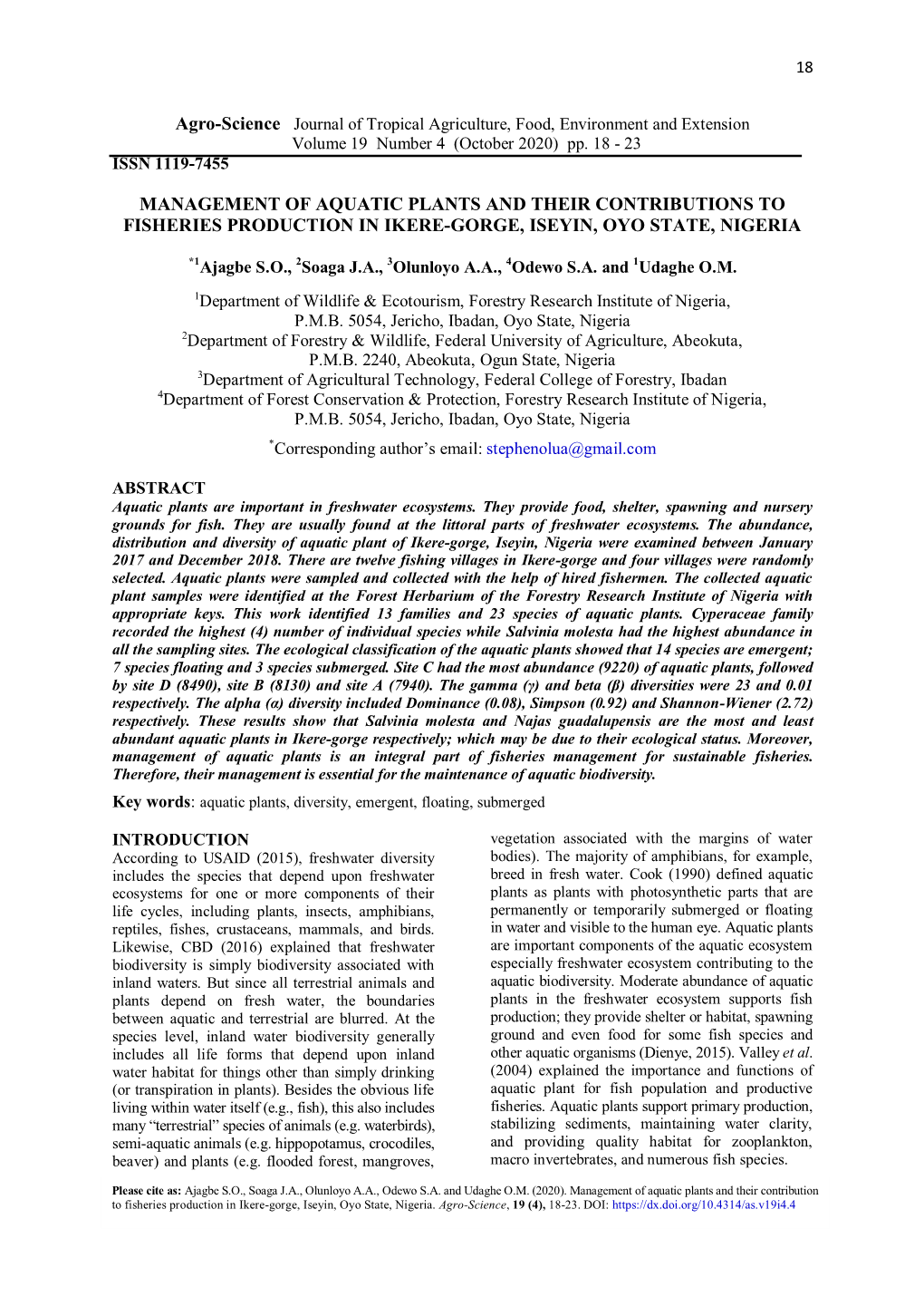 Management of Aquatic Plants and Their Contributions to Fisheries Production in Ikere-Gorge, Iseyin, Oyo State, Nigeria