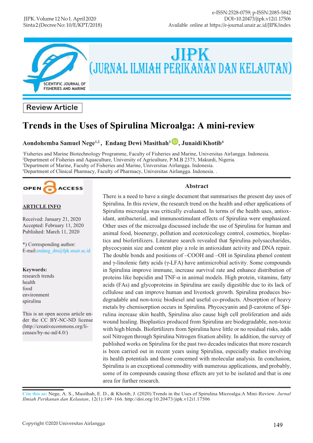 Trends in the Uses of Spirulina Microalga: a Mini-Review