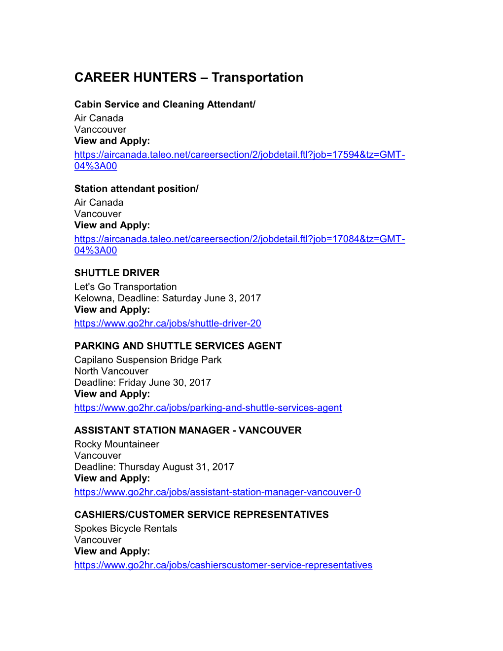 CAREER HUNTERS – Transportation