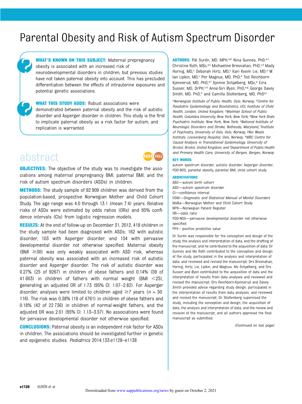 Parental Obesity and Risk of Autism Spectrum Disorder Abstract