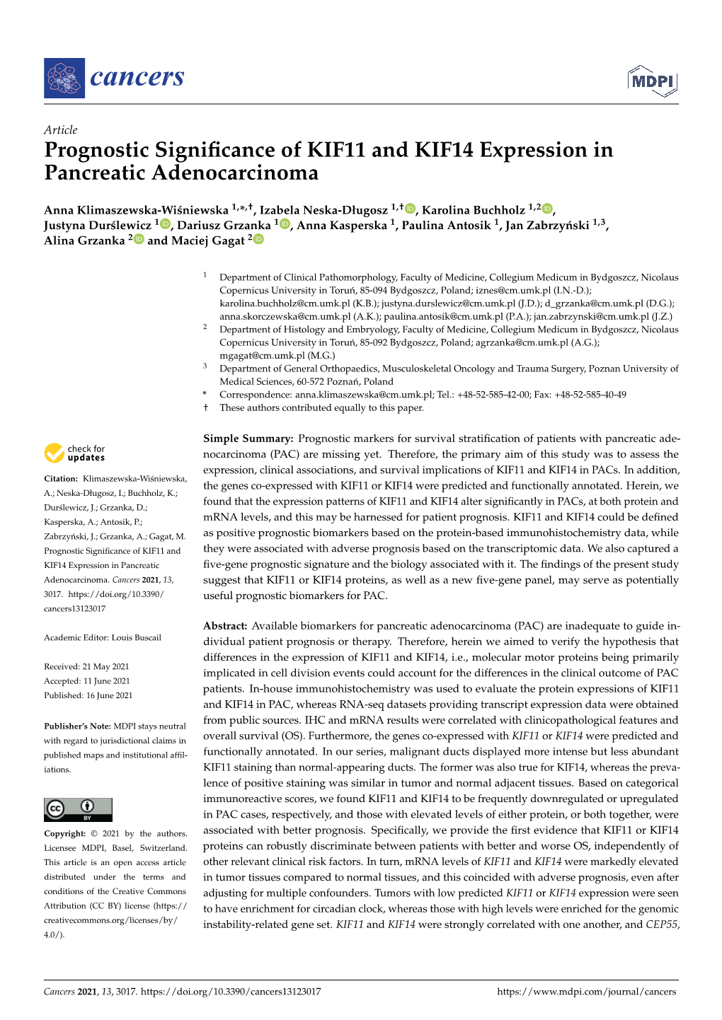 Prognostic Significance of KIF11 and KIF14 Expression in Pancreatic