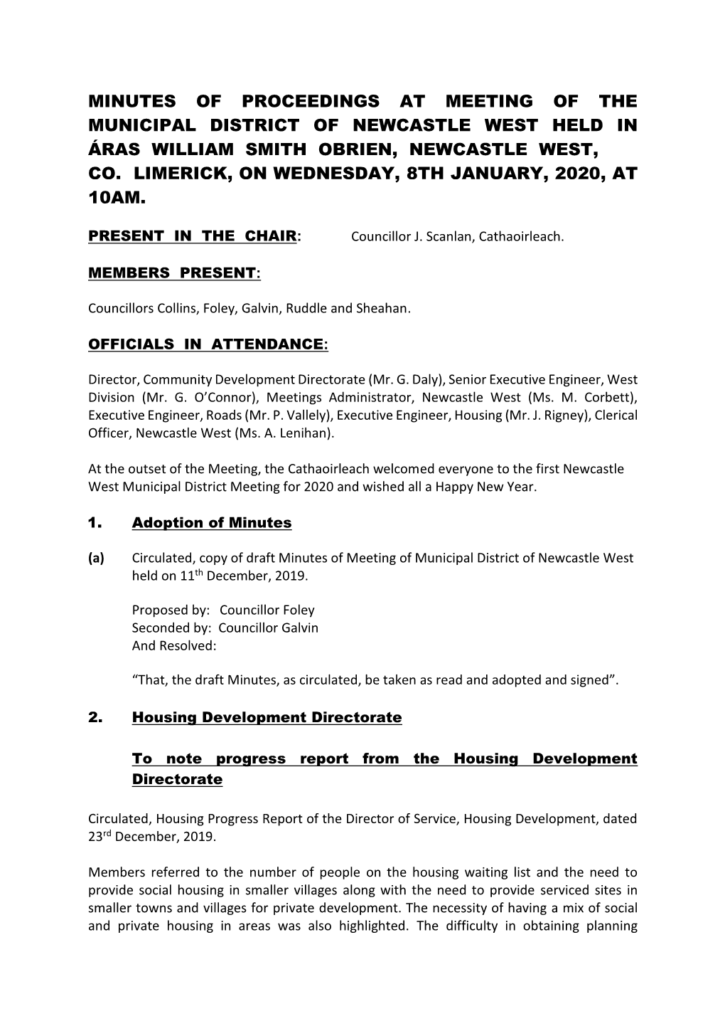 Minutes of Proceedings at Meeting of the Municipal District of Newcastle West Held in Áras William Smith Obrien, Newcastle West, Co