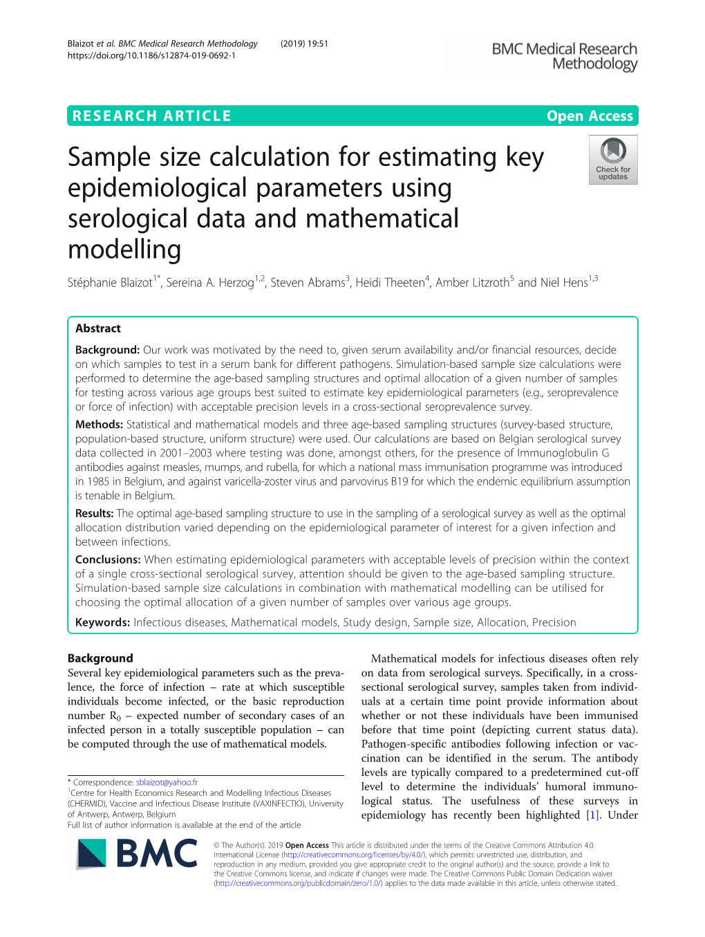 Sample Size Calculation for Estimating Key Epidemiological Parameters Using Serological Data and Mathematical Modelling Stéphanie Blaizot1*, Sereina A