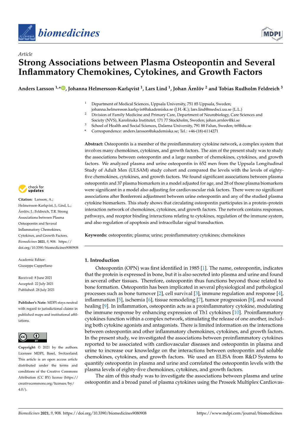 Strong Associations Between Plasma Osteopontin and Several Inﬂammatory Chemokines, Cytokines, and Growth Factors