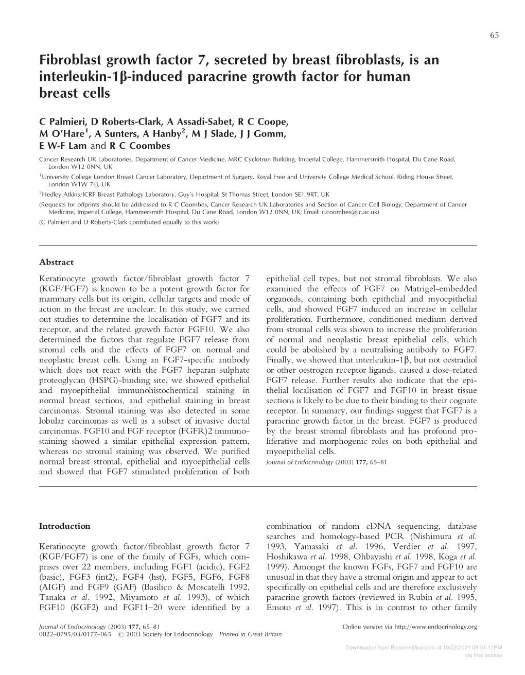 Fibroblast Growth Factor 7, Secreted by Breast Fibroblasts, Is an Interleukin