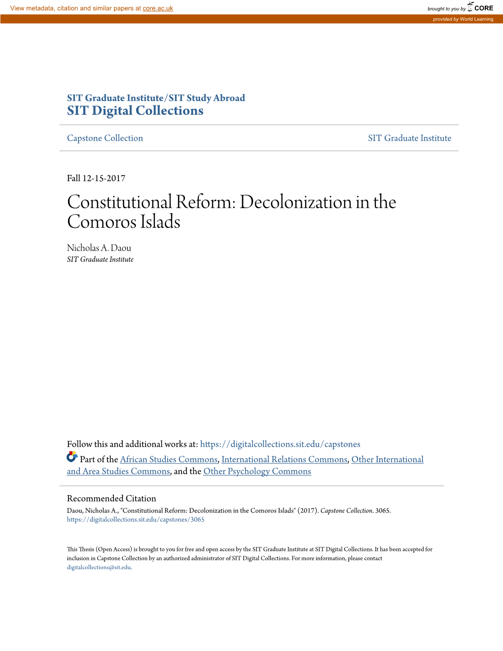 Constitutional Reform: Decolonization in the Comoros Islads Nicholas A