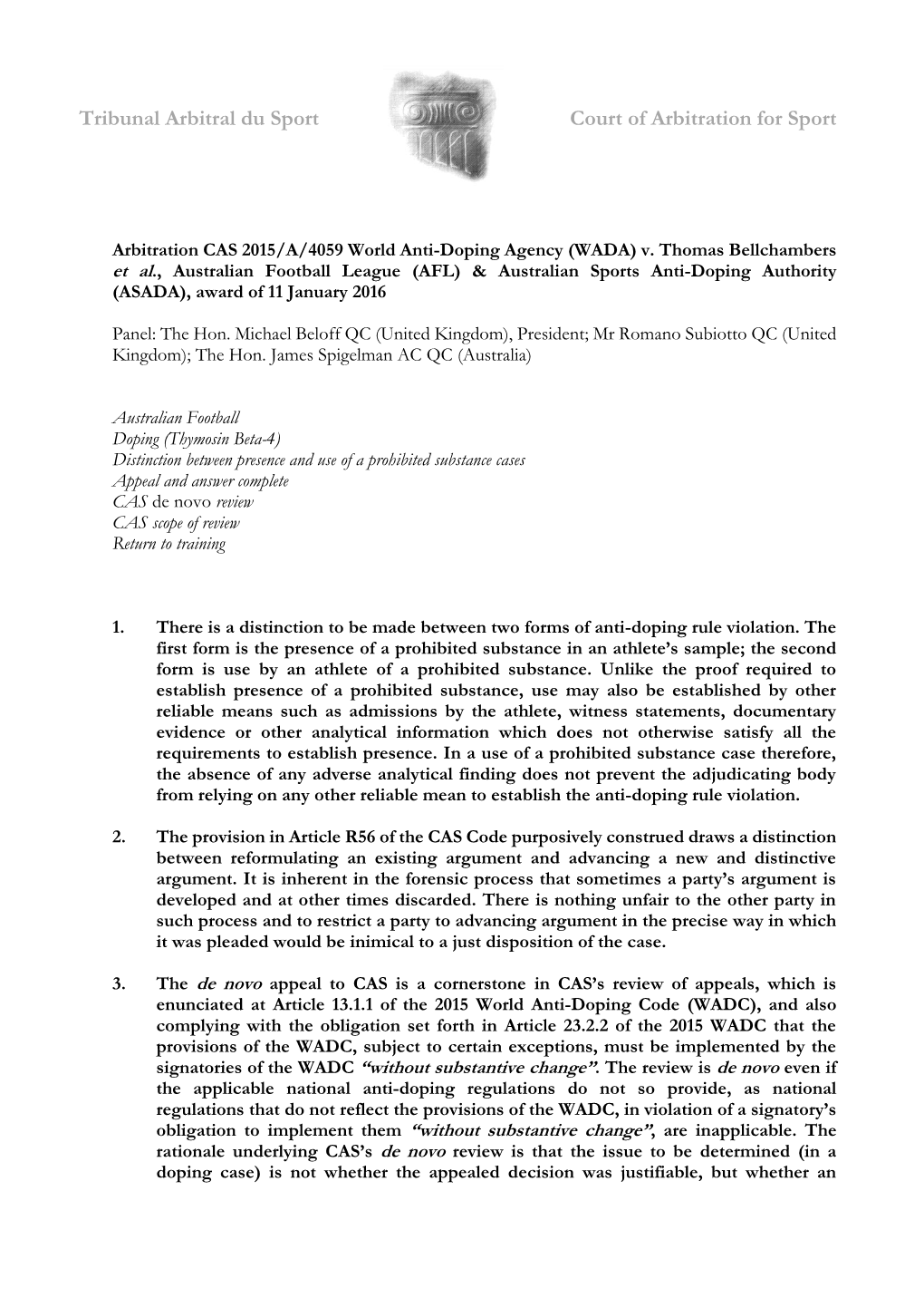 CAS 2015/A/4059 World Anti-Doping Agency (WADA) V