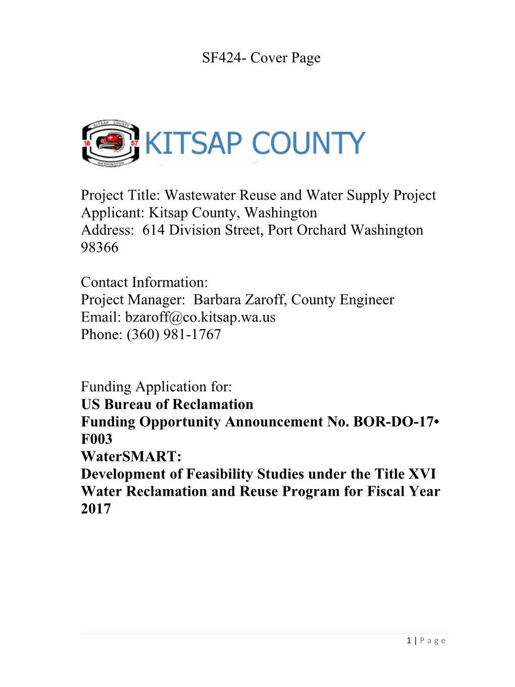 Wastewater Reuse and Water Supply Project Applicant: Kitsap County, Washington Address: 614 Division Street, Port Orchard Washington 98366