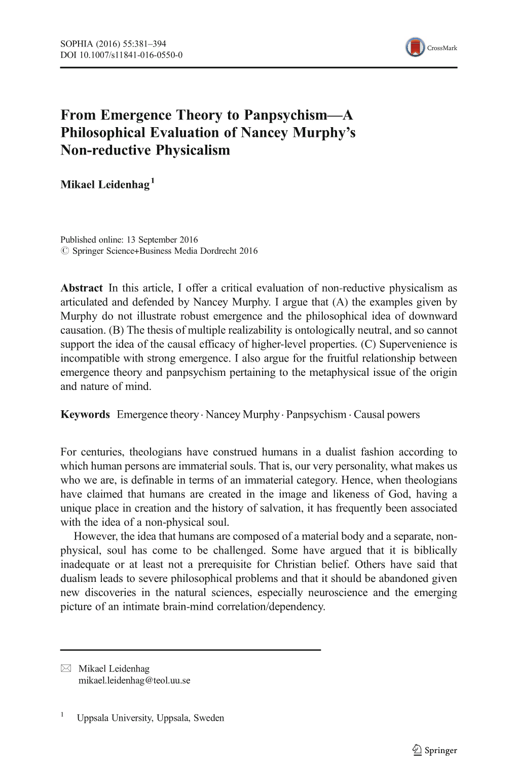 From Emergence Theory to Panpsychism—A Philosophical Evaluation of Nancey Murphy’S Non-Reductive Physicalism