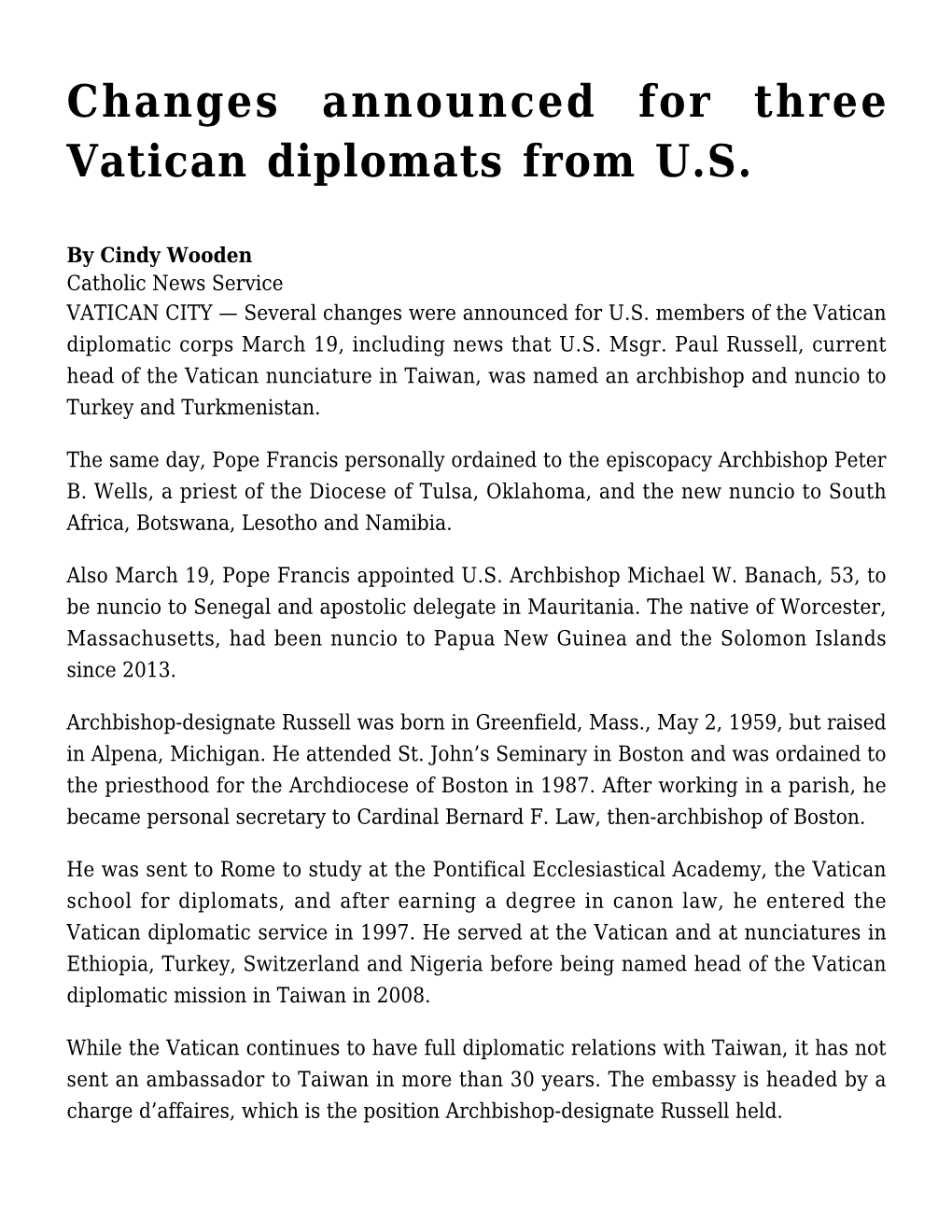 Changes Announced for Three Vatican Diplomats from U.S