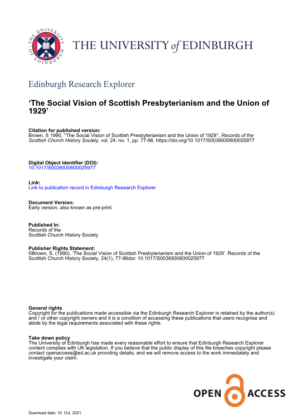 The Social Vision of Scottish Presbyterianism and the Union Of