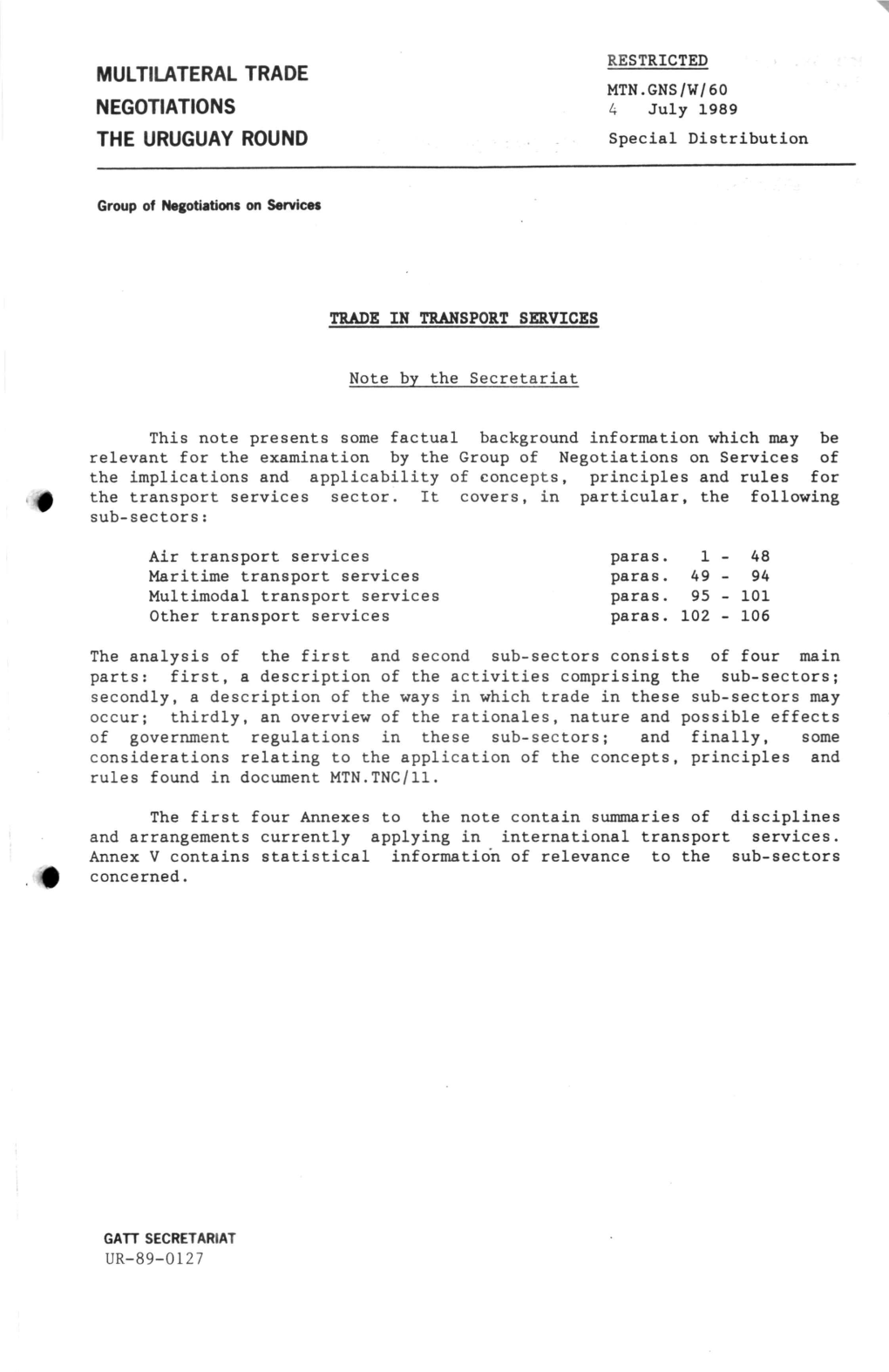 MULTILATERAL TRADE MTN.GNS/W/60 NEGOTIATIONS 4 July 1989 the URUGUAY ROUND Special Distribution