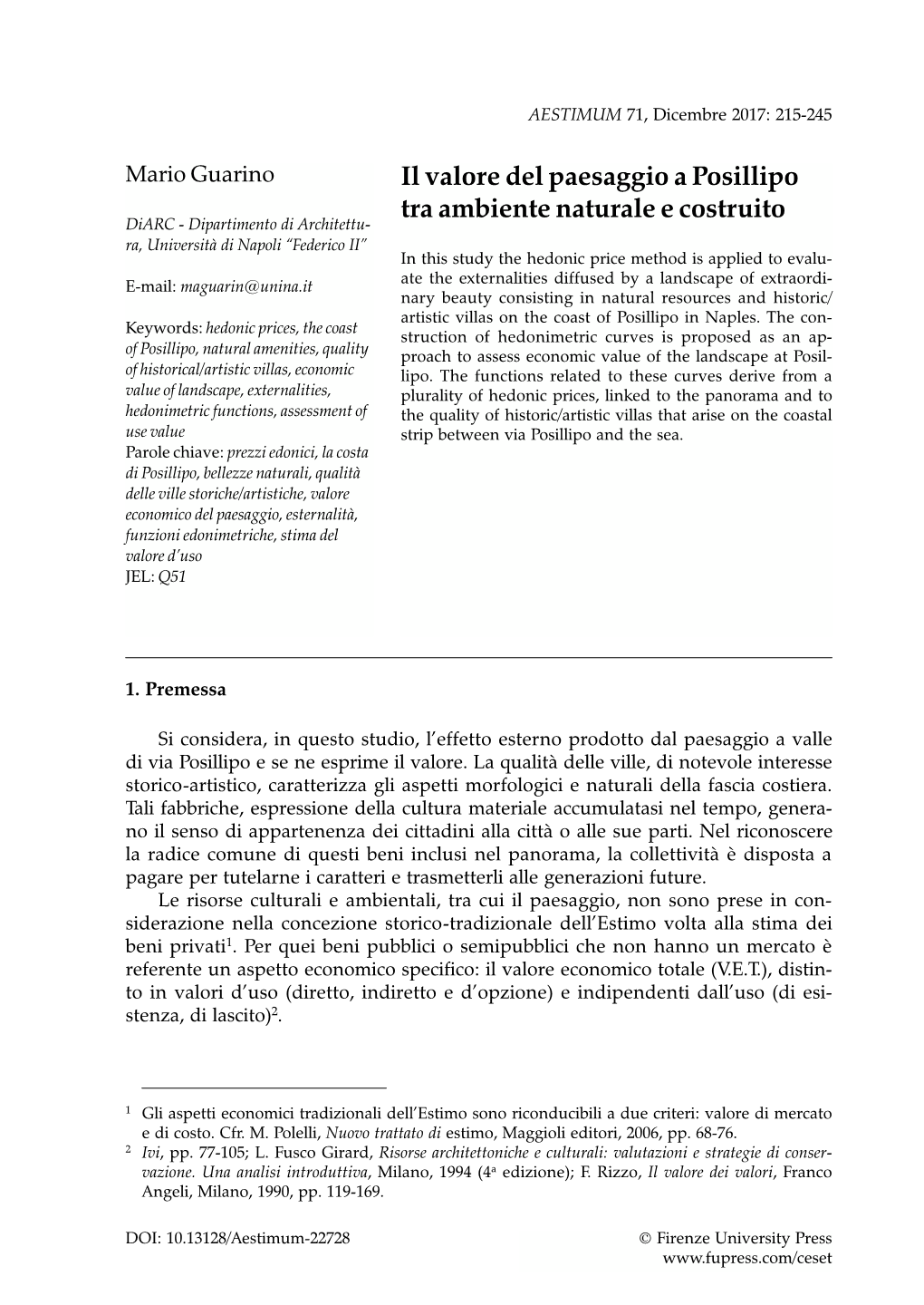 Il Valore Del Paesaggio a Posillipo Tra Ambiente Naturale E Costruito