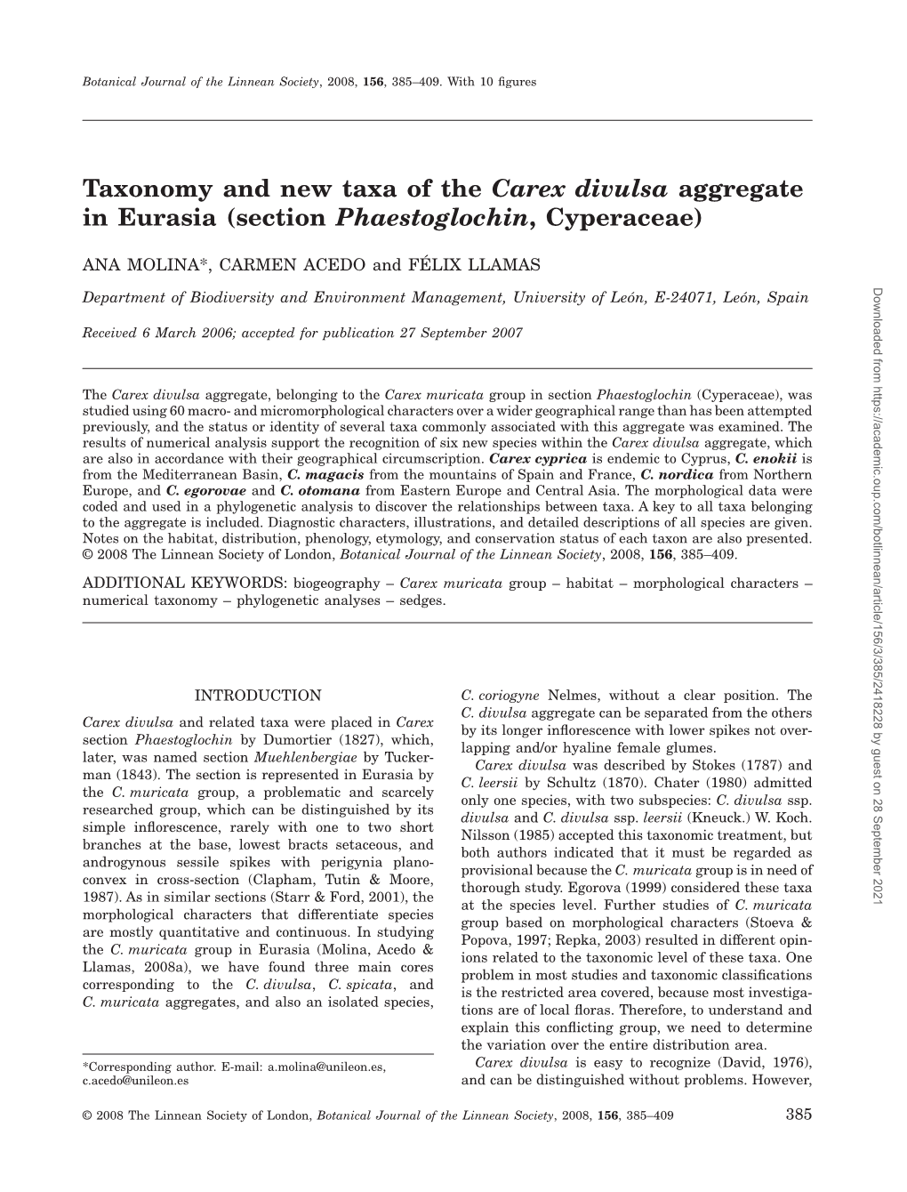 Taxonomy and New Taxa of the Carex Divulsa Aggregate in Eurasia (Section Phaestoglochin, Cyperaceae)