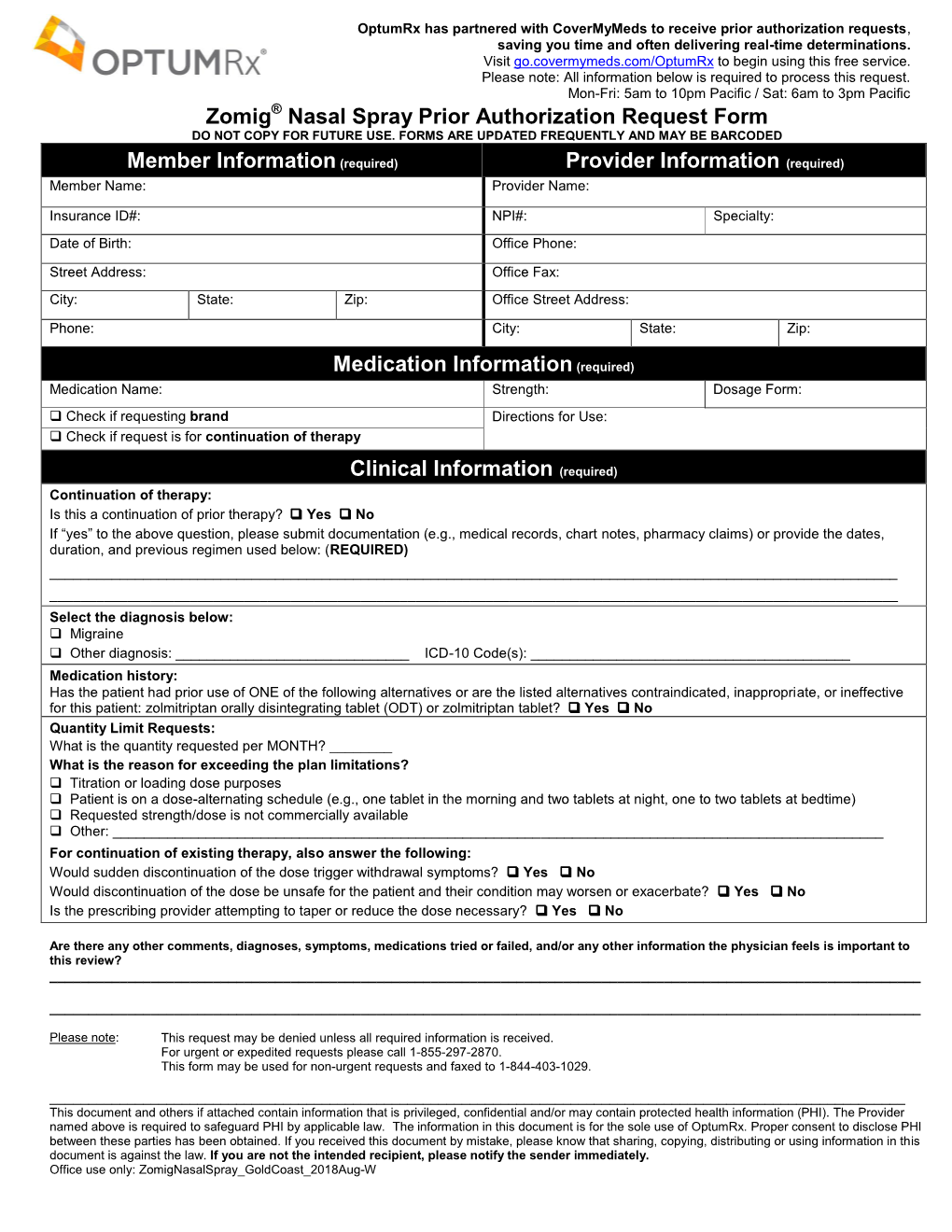 Zomig Nasal Spray Prior Authorization Request Form Member Information