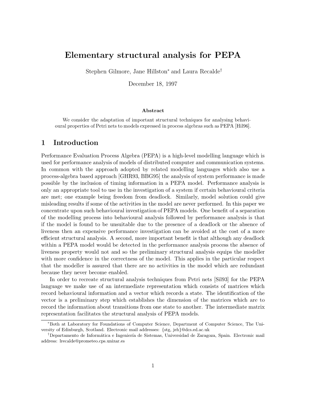 Elementary Structural Analysis for PEPA