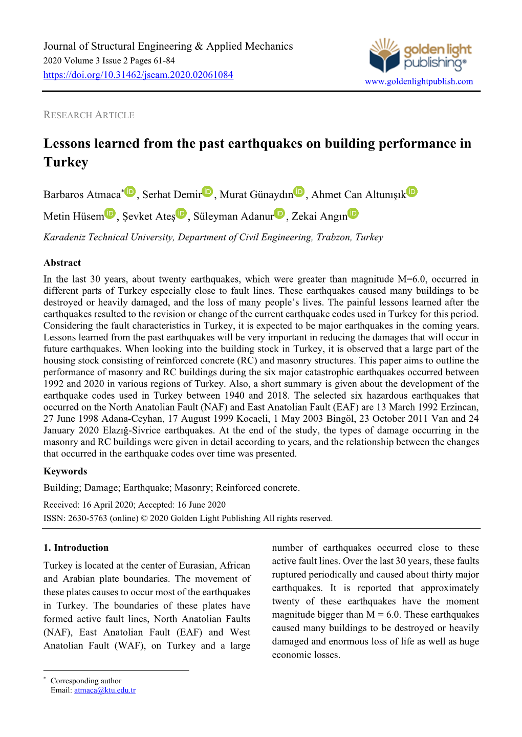 Lessons Learned from the Past Earthquakes on Building Performance in Turkey
