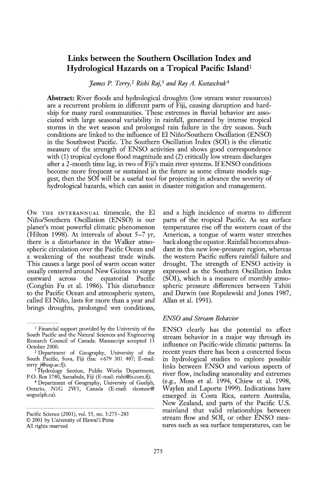 Links Between the Southern Oscillation Index and Hydrological Hazards on a Tropical Pacific Island1