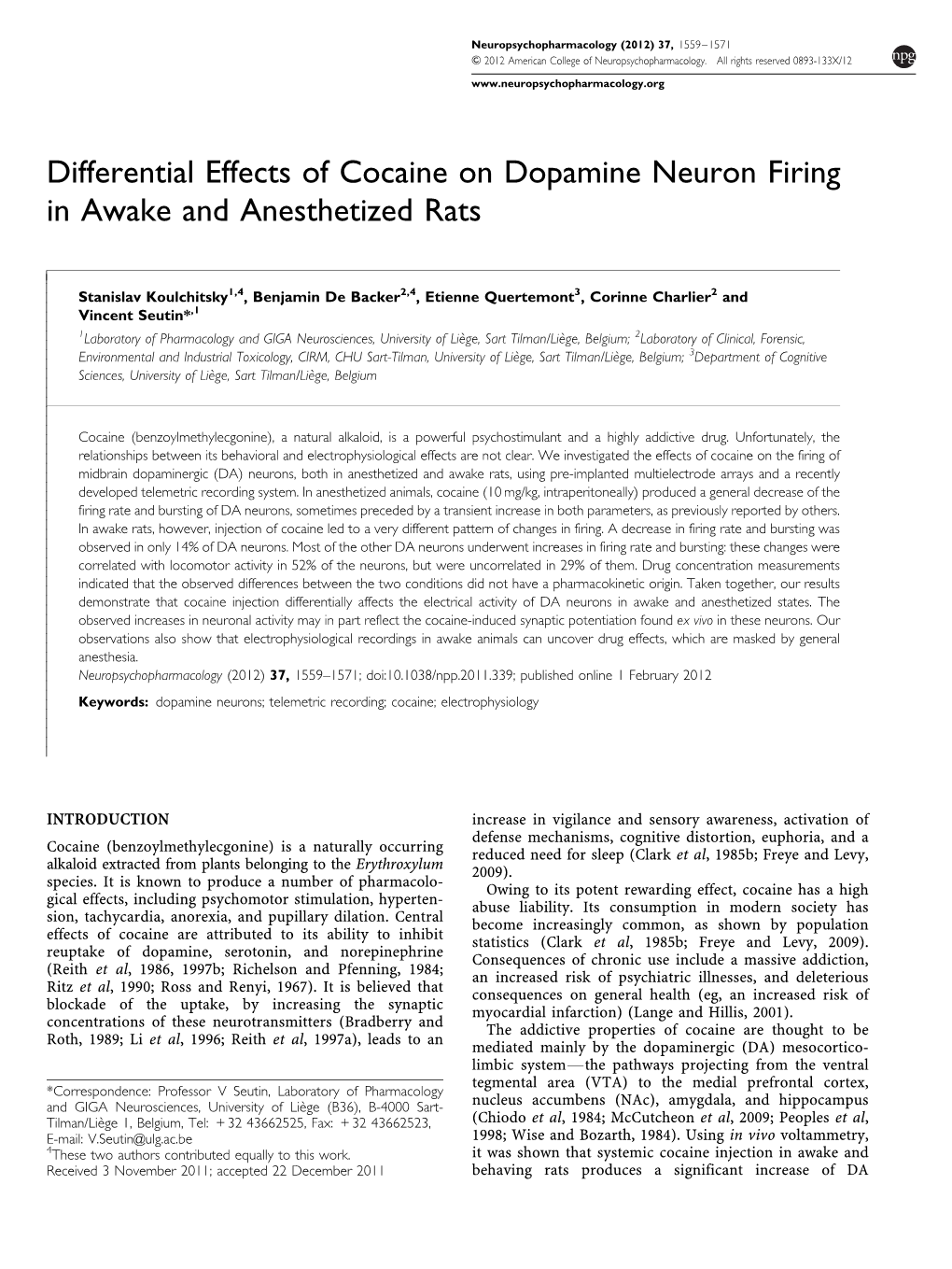 Differential Effects of Cocaine on Dopamine Neuron Firing in Awake and Anesthetized Rats