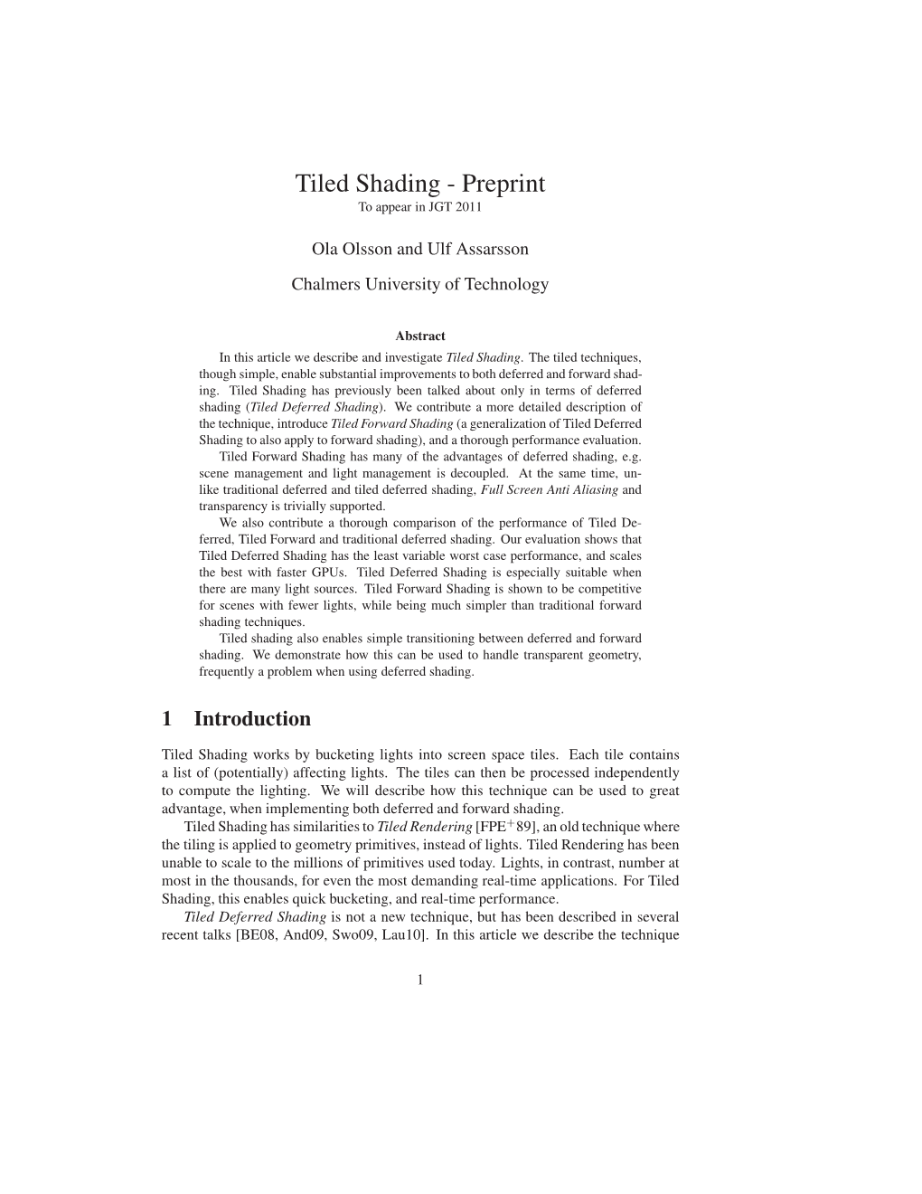 Tiled Shading - Preprint to Appear in JGT 2011