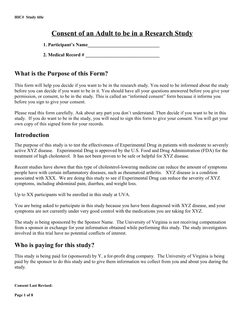 Adult Consent Form for Any Research Study (With Or Without Addition of Tissue Banking Or