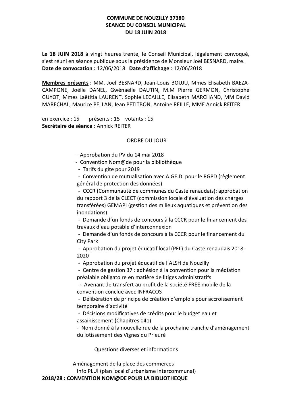 Commune De Nouzilly 37380 Seance Du Conseil Municipal Du 18 Juin 2018