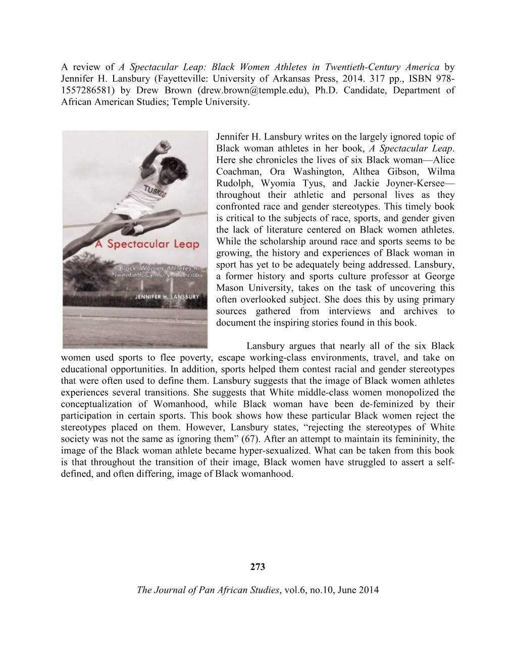 A Review of a Spectacular Leap: Black Women Athletes in Twentieth-Century America by Jennifer H