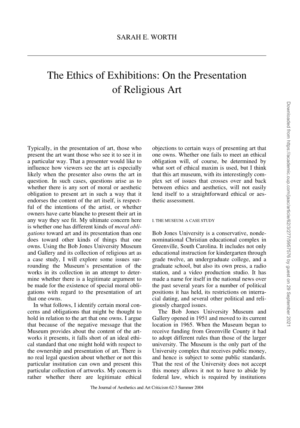 The Ethics of Exhibitions: on the Presentation of Religious Art Downloaded from by Guest on 29 September 2021