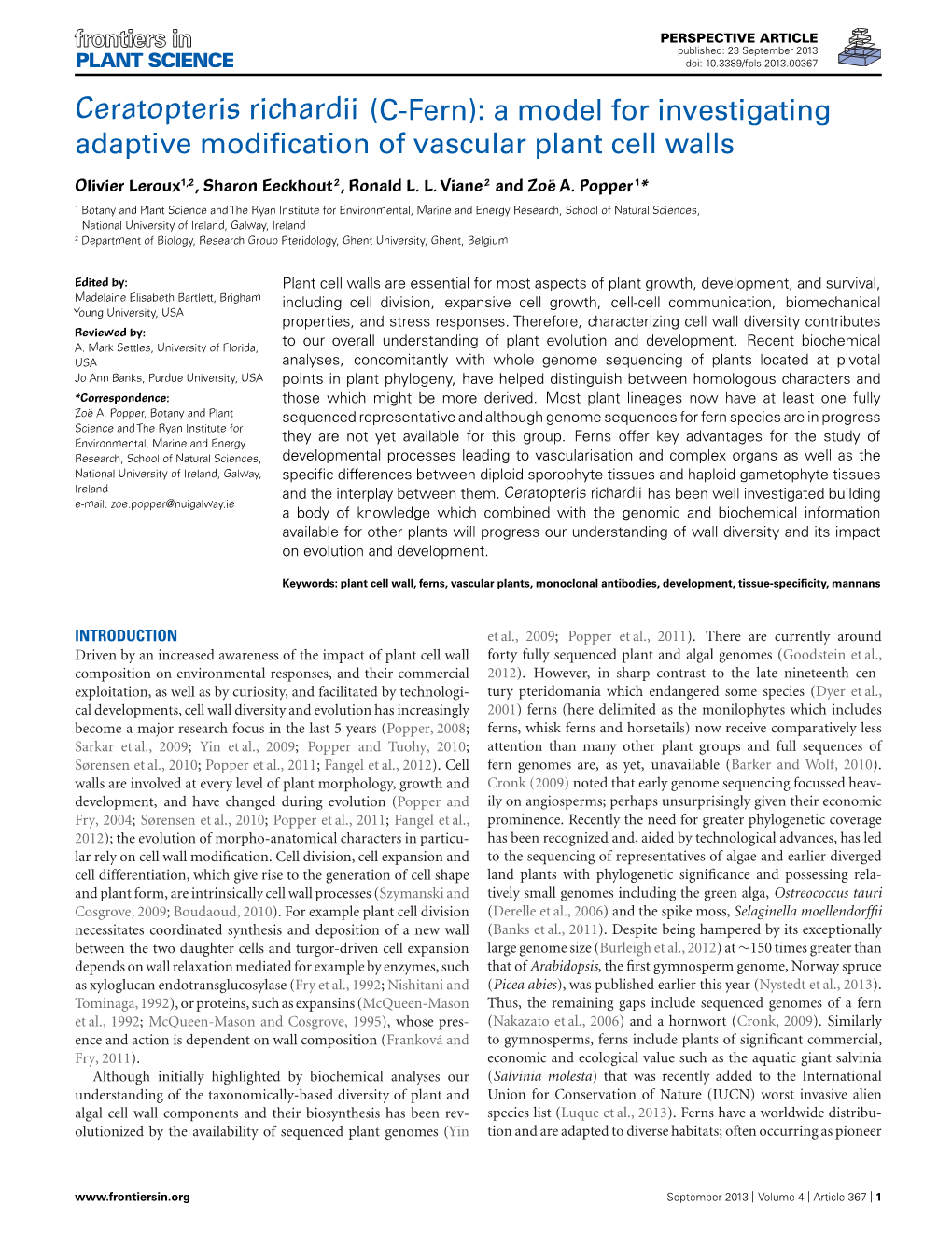 Ceratopteris Richardii (C-Fern): a Model for Investigating Adaptive Modiﬁcation of Vascular Plant Cell Walls