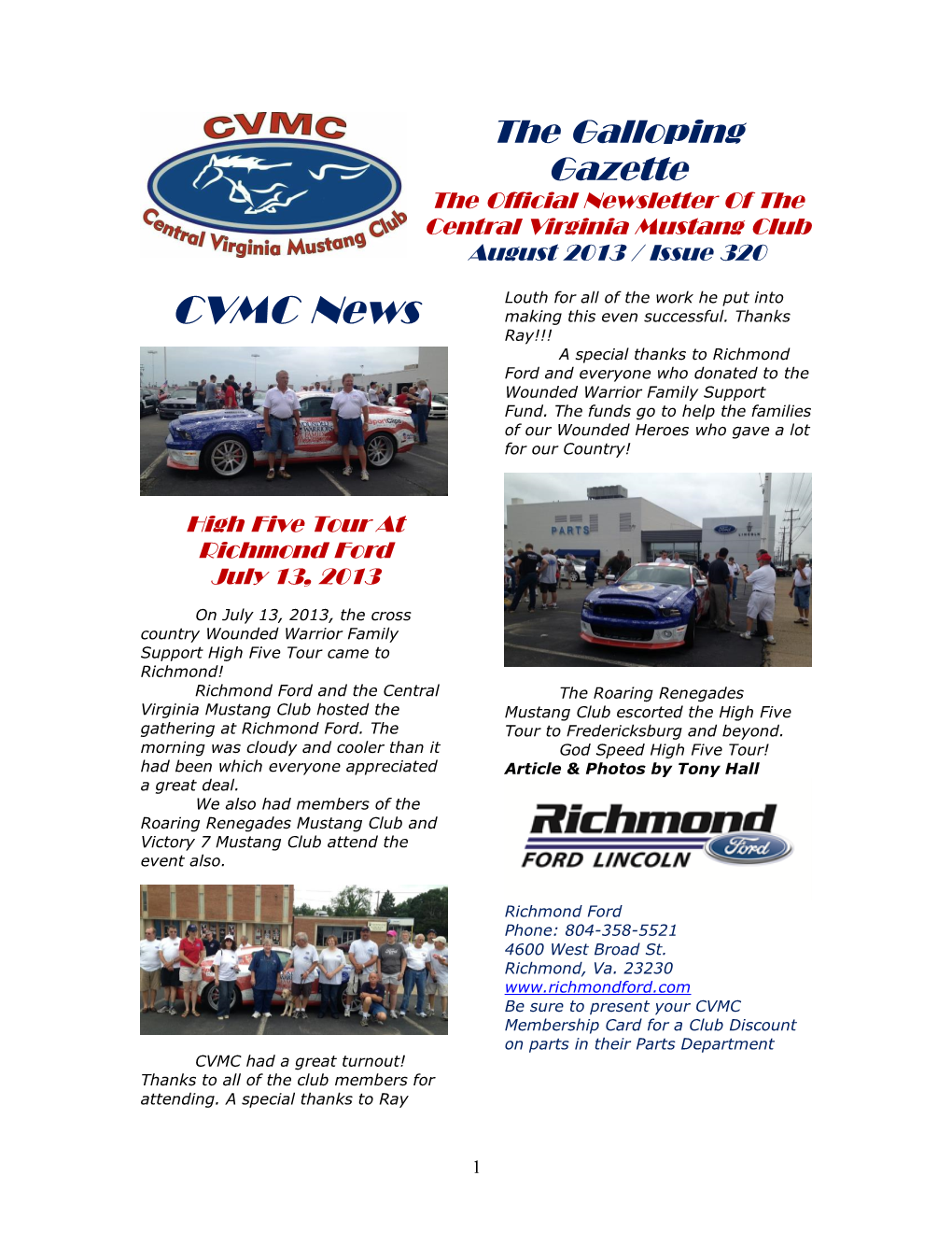 The Galloping Gazette the Official Newsletter of the Central Virginia Mustang Club August 2013 / Issue 320