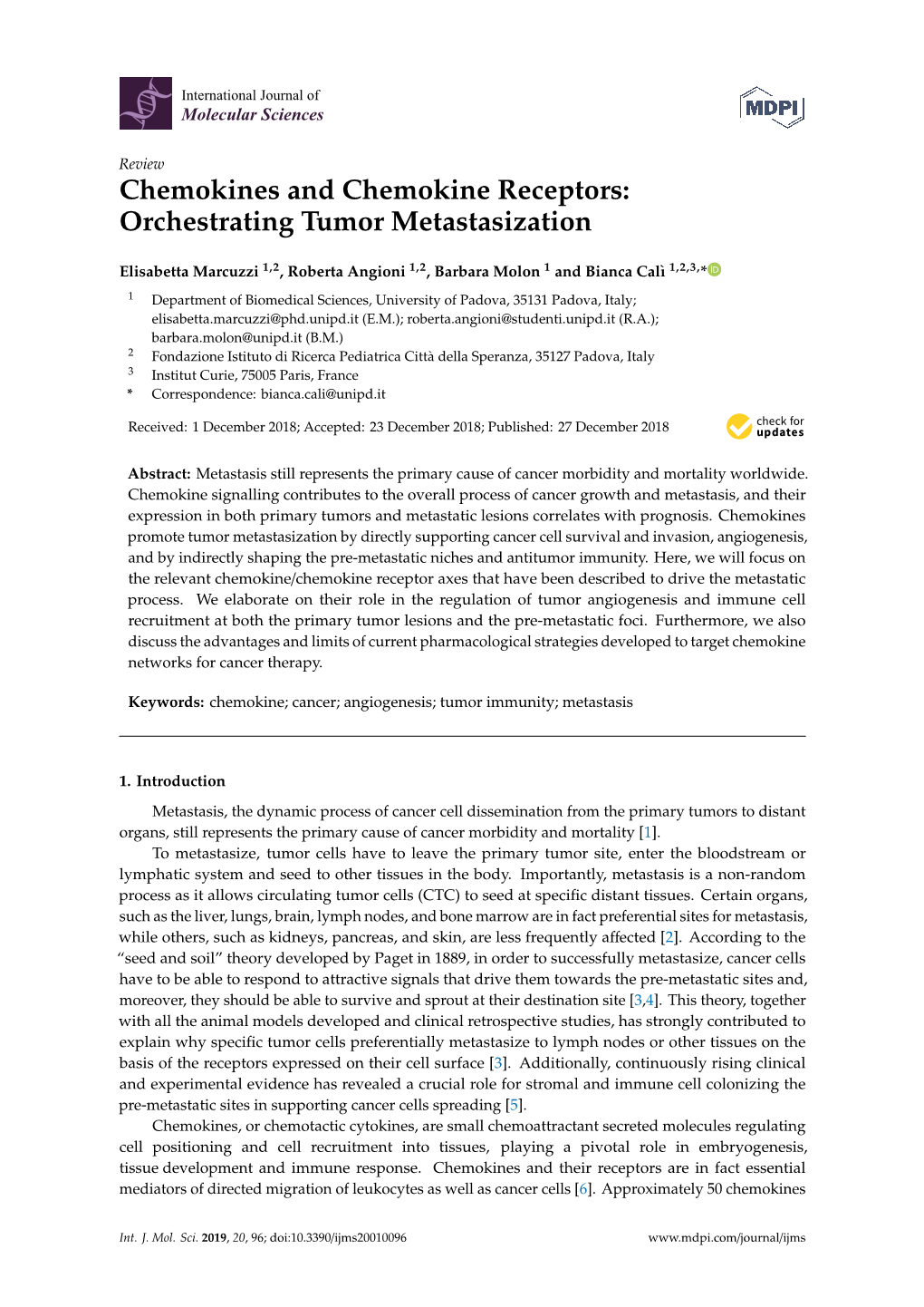 Chemokines and Chemokine Receptors: Orchestrating Tumor Metastasization