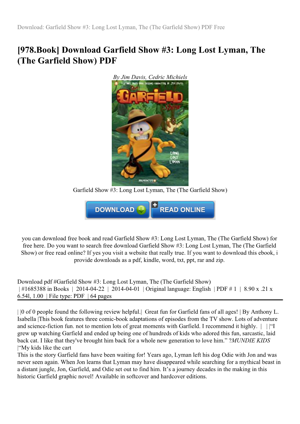 Download Garfield Show #3: Long Lost Lyman, the (The Garfield Show) PDF