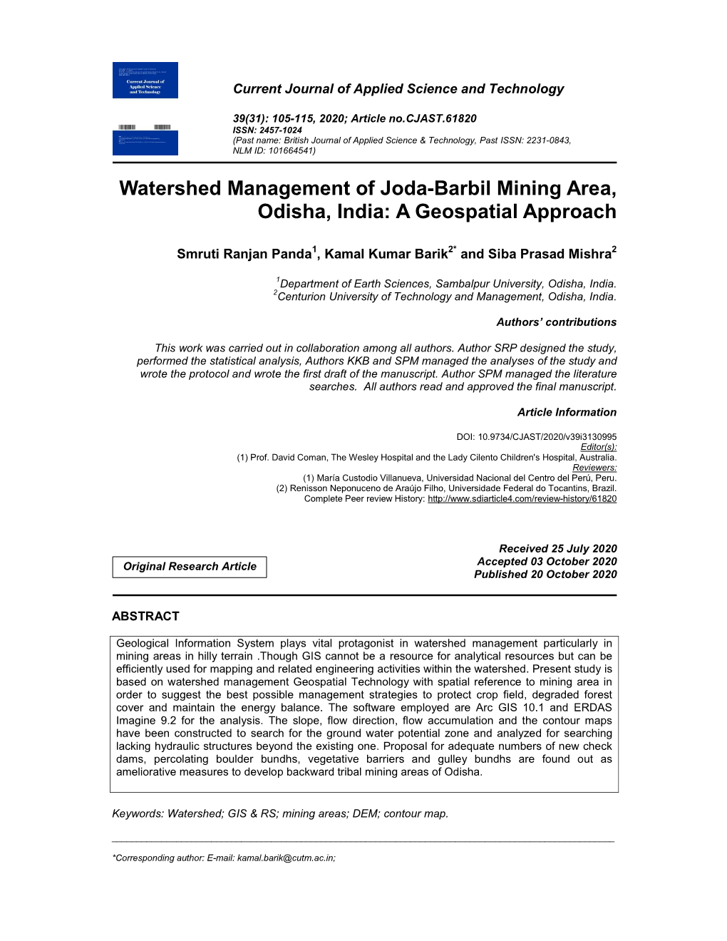 Watershed Management of Joda-Barbil Mining Area, Odisha, India: a Geospatial Approach