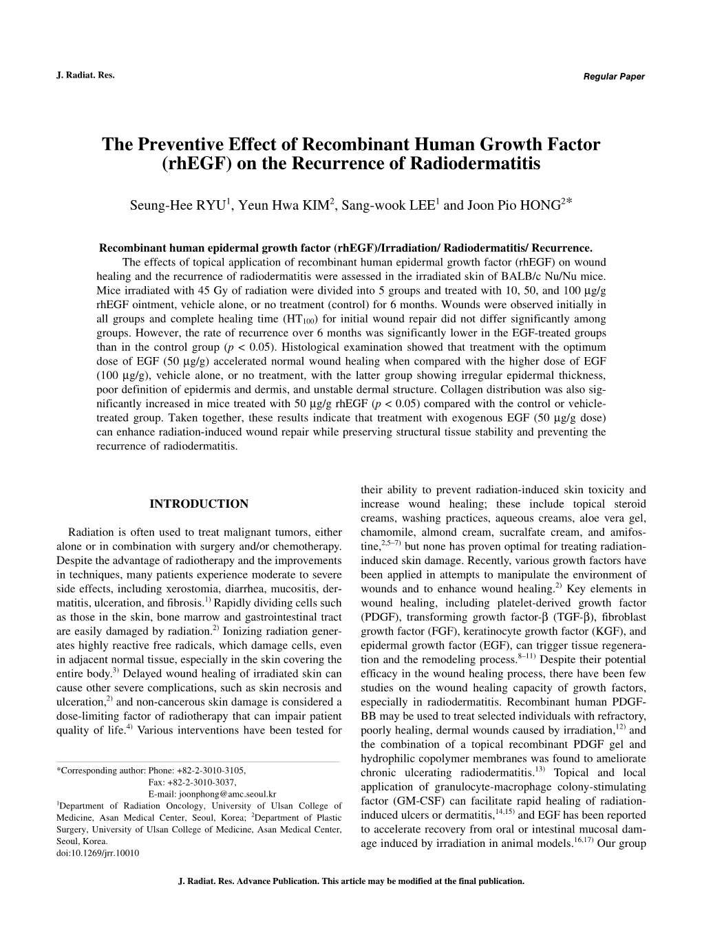 The Preventive Effect of Recombinant Human Growth Factor (Rhegf) on the Recurrence of Radiodermatitis