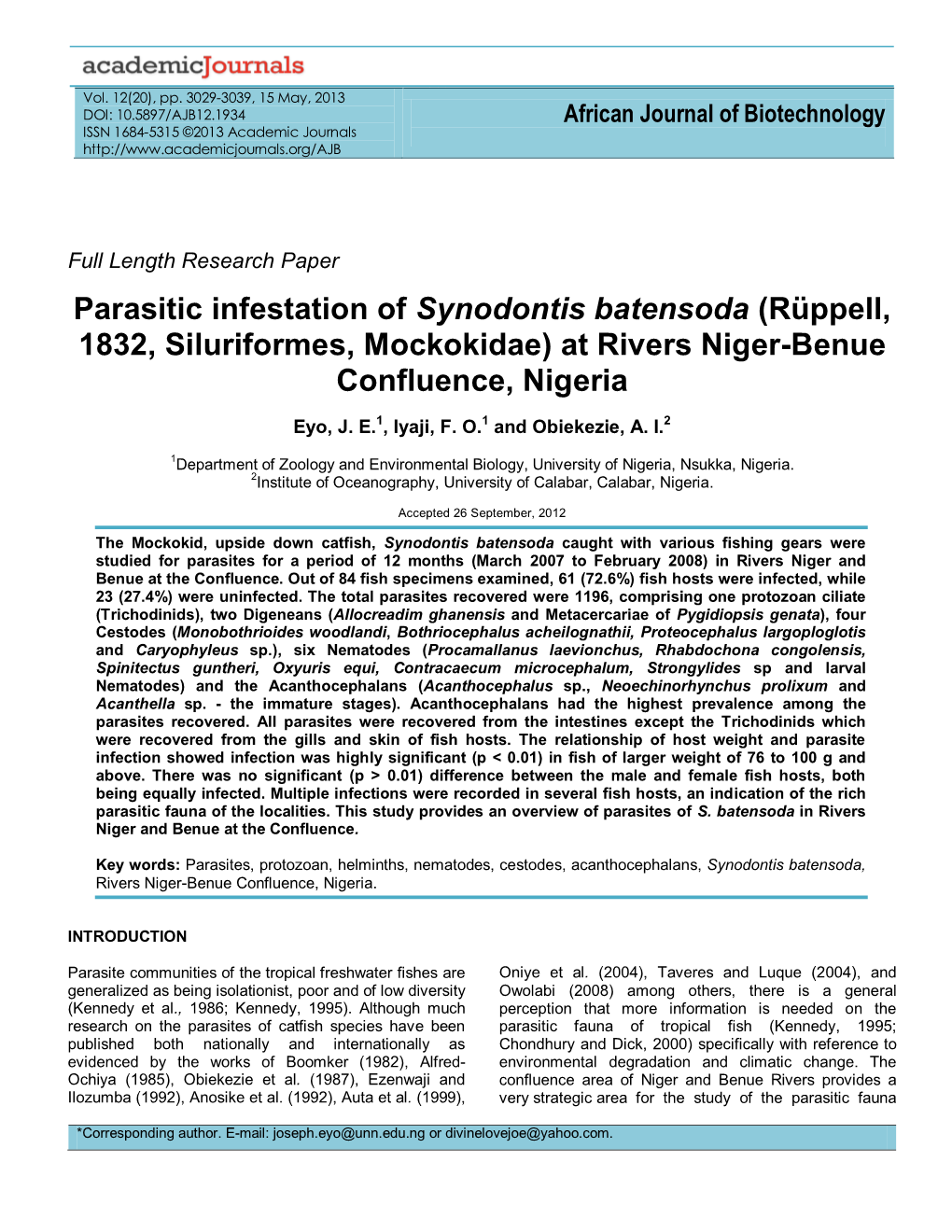Parasitic Infection of Synodontis Batensoda (Rüppell