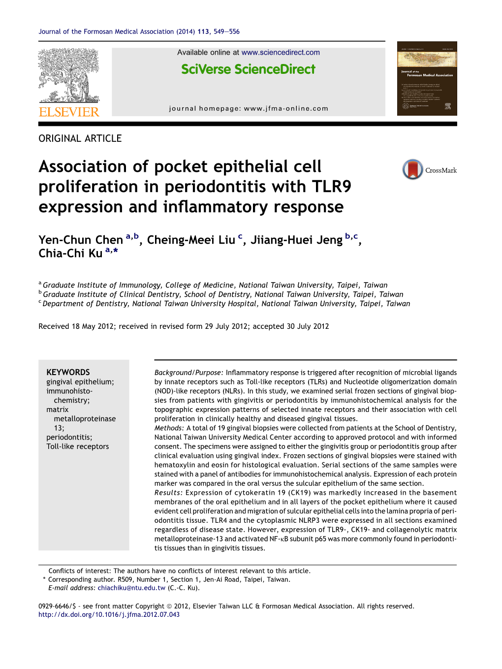 Association of Pocket Epithelial Cell Proliferation in Periodontitis with TLR9 Expression and Inﬂammatory Response