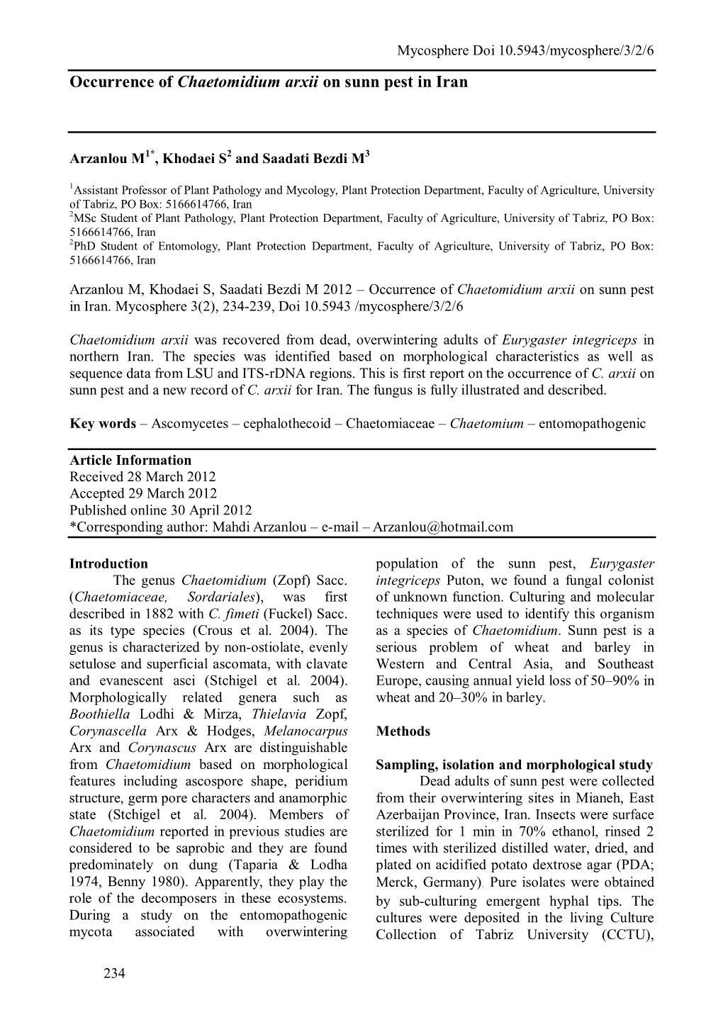 Occurrence of Chaetomidium Arxii on Sunn Pest in Iran