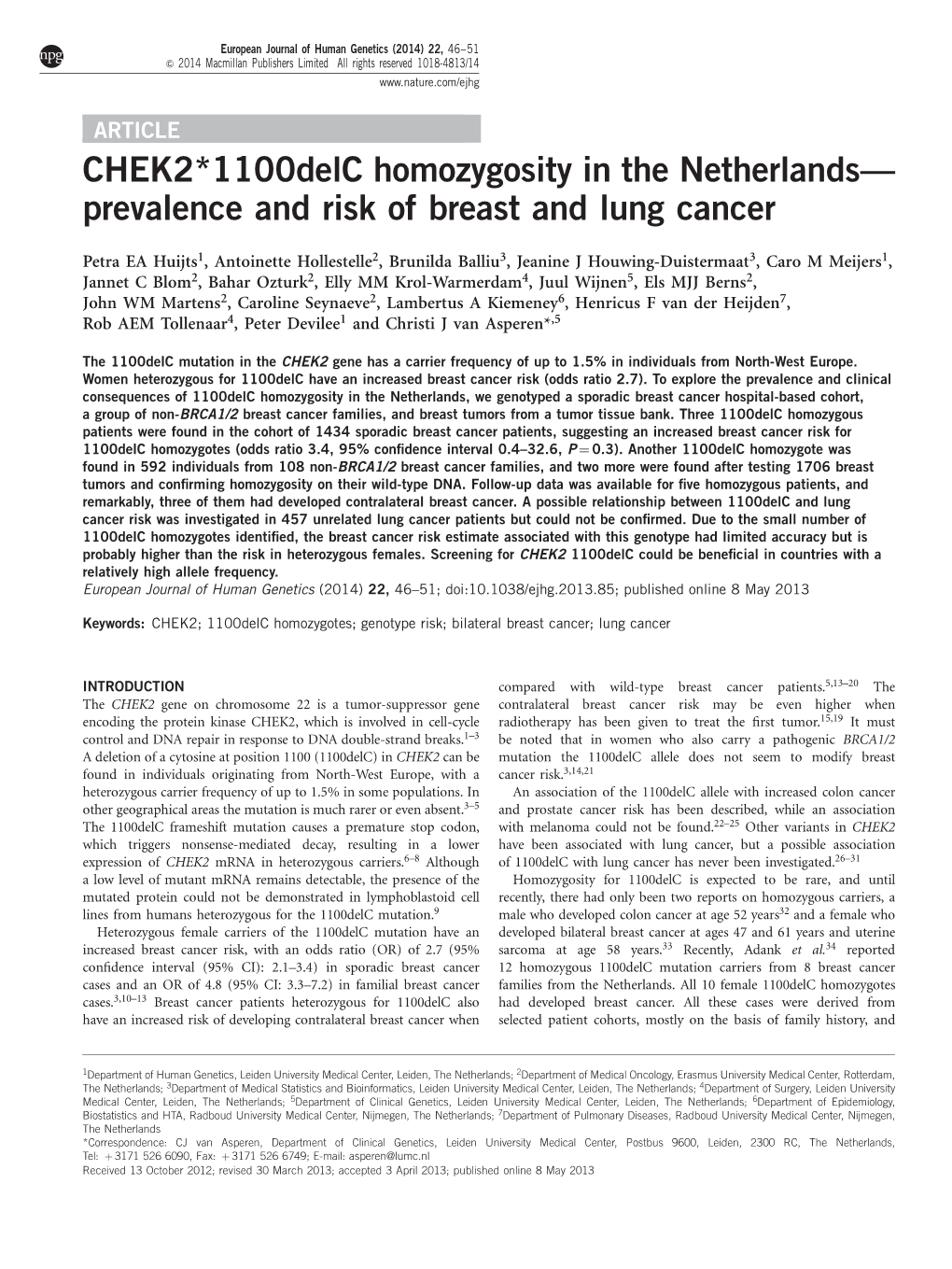 Prevalence and Risk of Breast and Lung Cancer